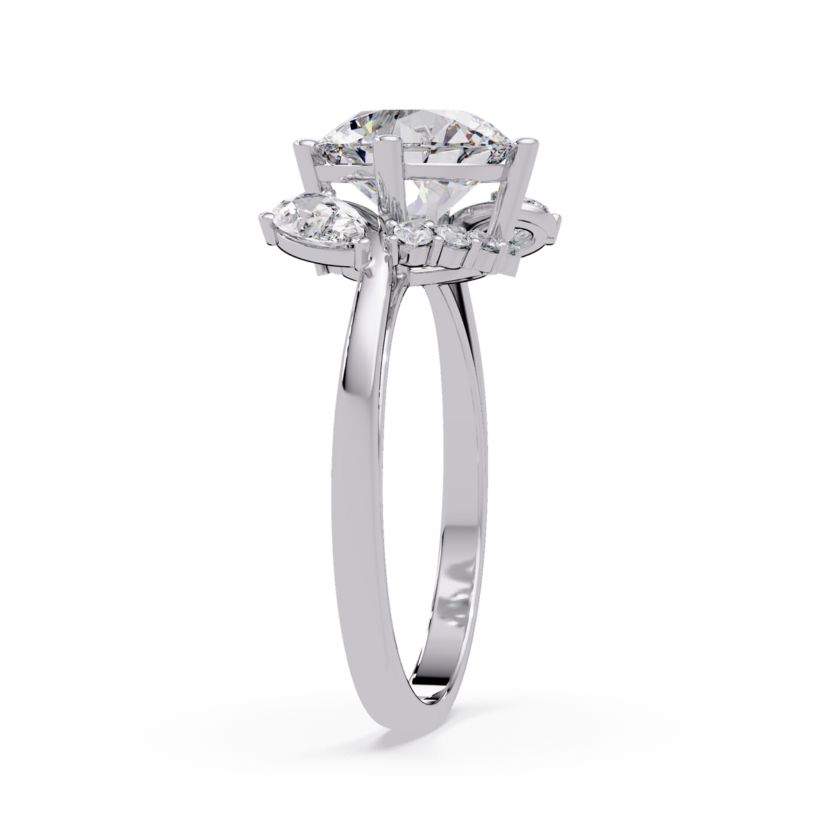 Round Lab Grown Diamond Pear Side Stones Ring - HIGHCARAT DIAMONDS