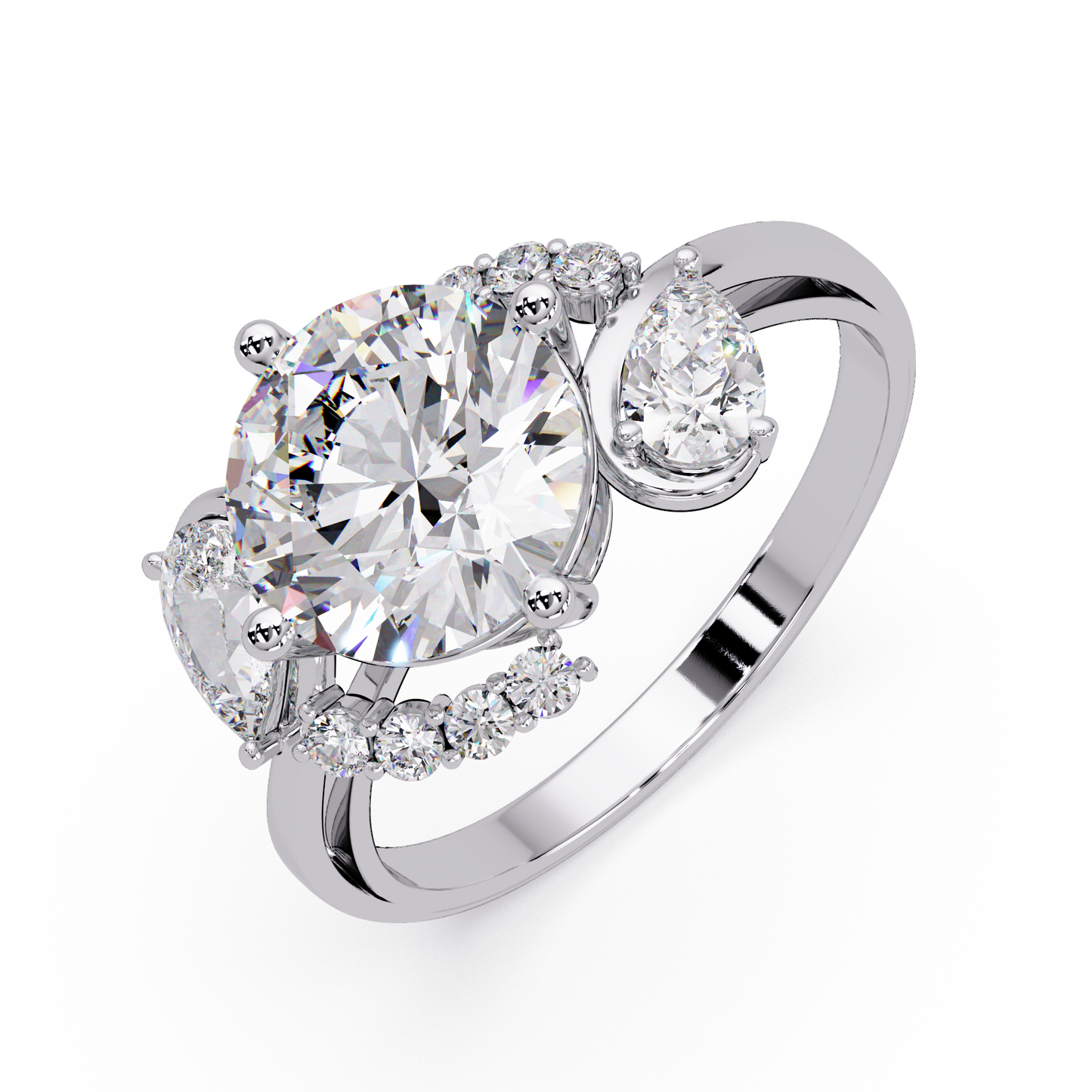 Round Lab Grown Diamond Pear Side Stones Ring - HIGHCARAT DIAMONDS
