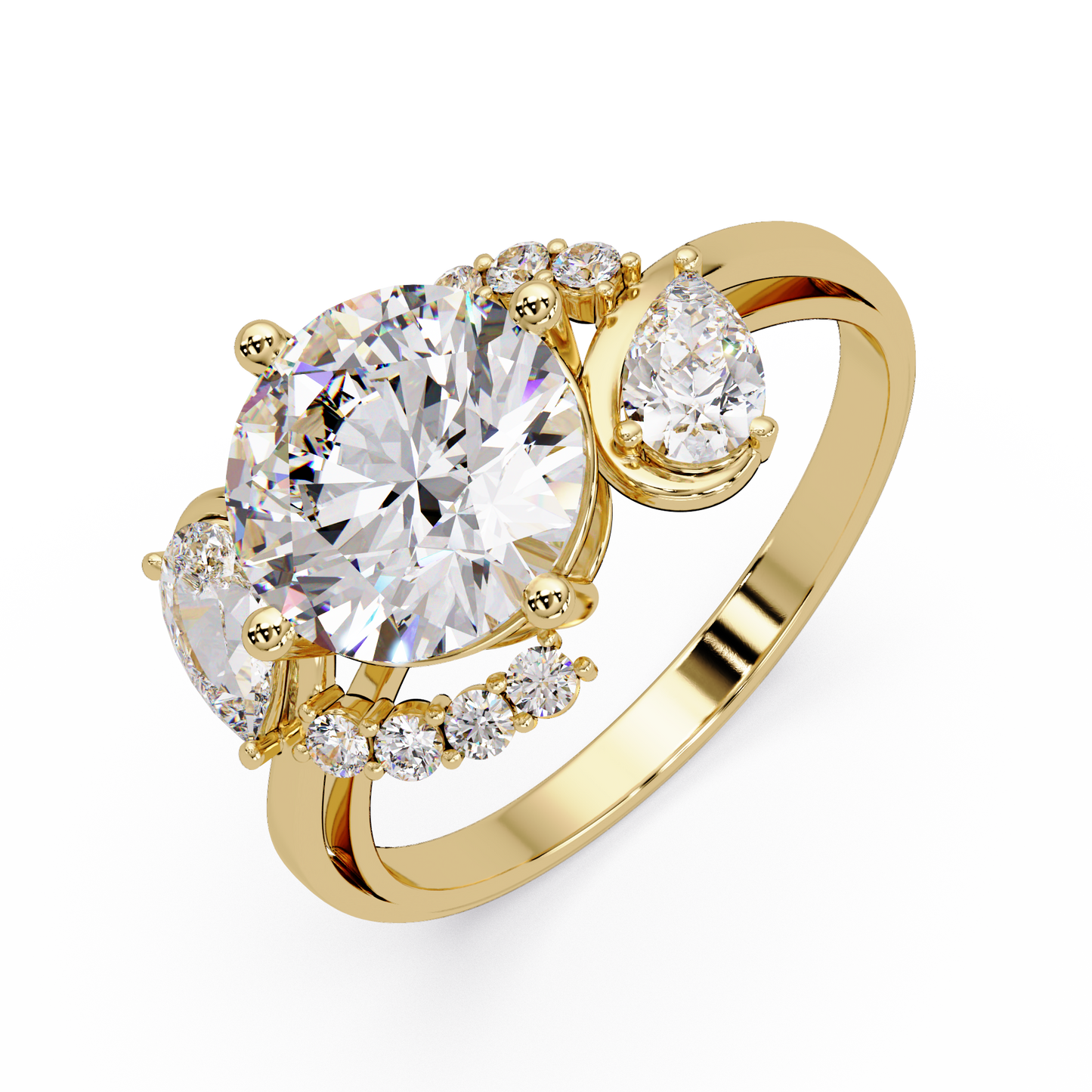 Round Lab Grown Diamond Pear Side Stones Ring - HIGHCARAT DIAMONDS