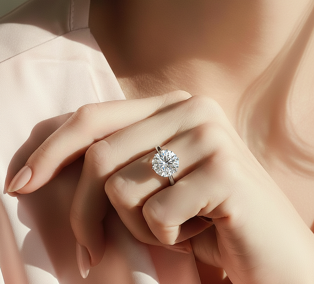 Hand wearing round shape one stone lab grown diamond ring