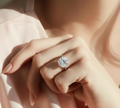 Hand wearing round shape one stone lab grown diamond ring