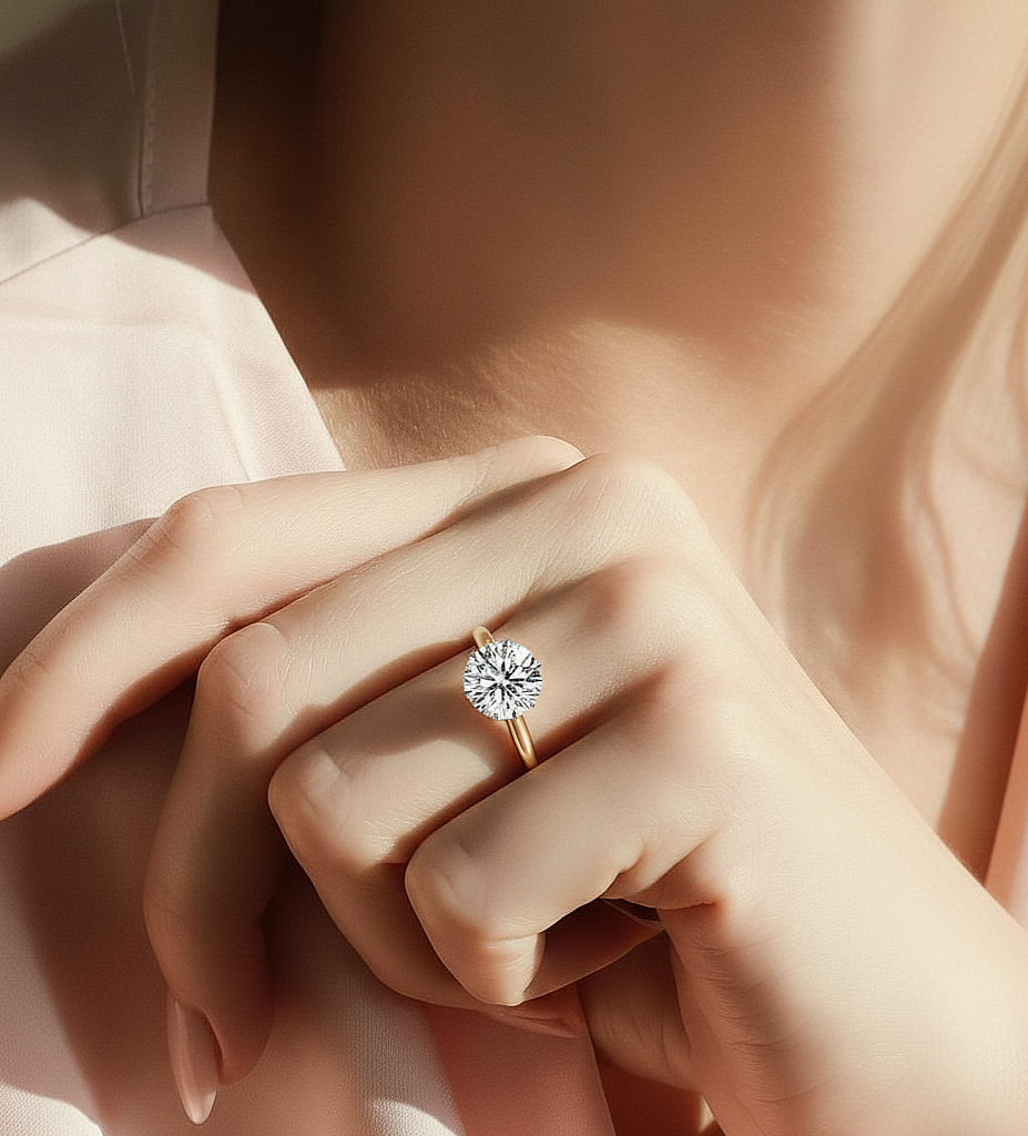 360 view video of round shape lab grown diamond solitaire ring rotating on white background
