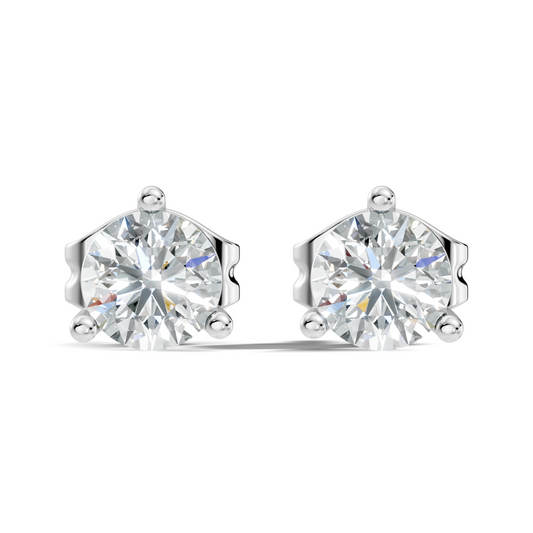 White gold round cut diamond stud earrings with three prong setting