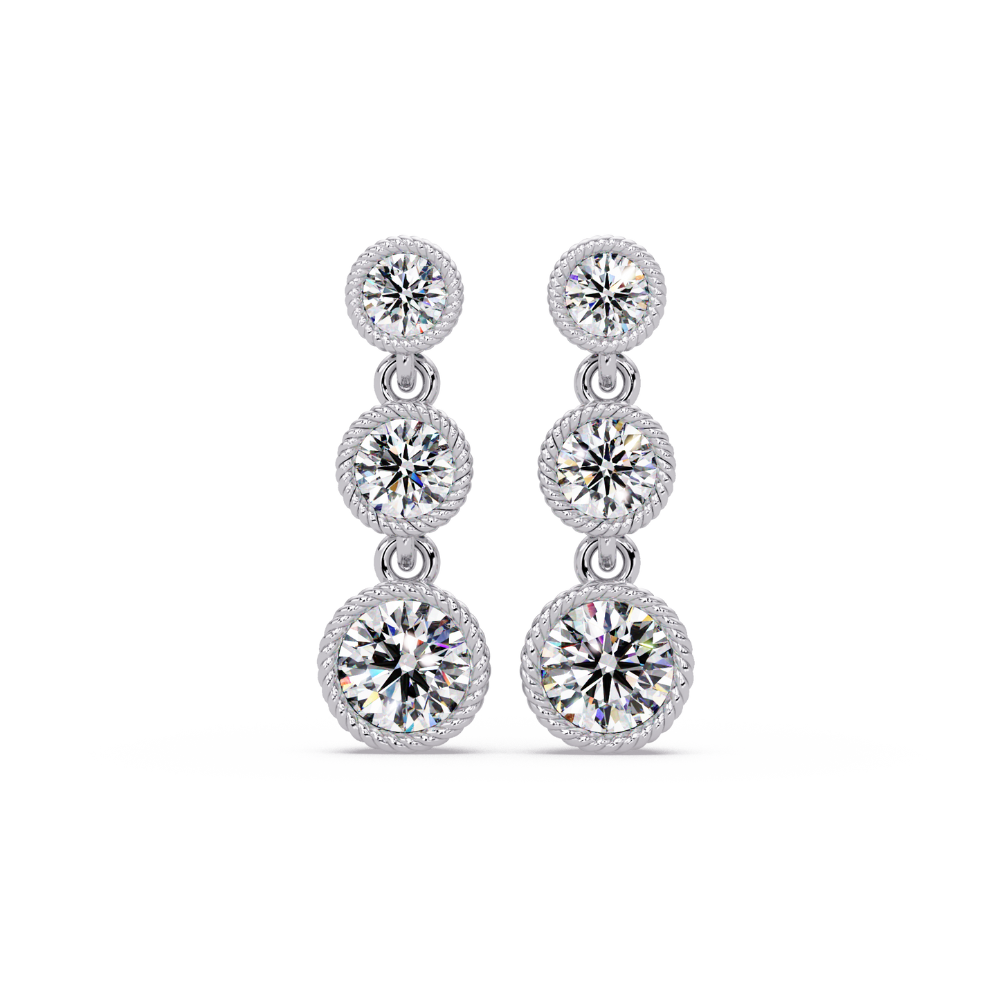 Round Lab Grown Diamond Three Stone Drop Earrings - HIGHCARAT DIAMONDS