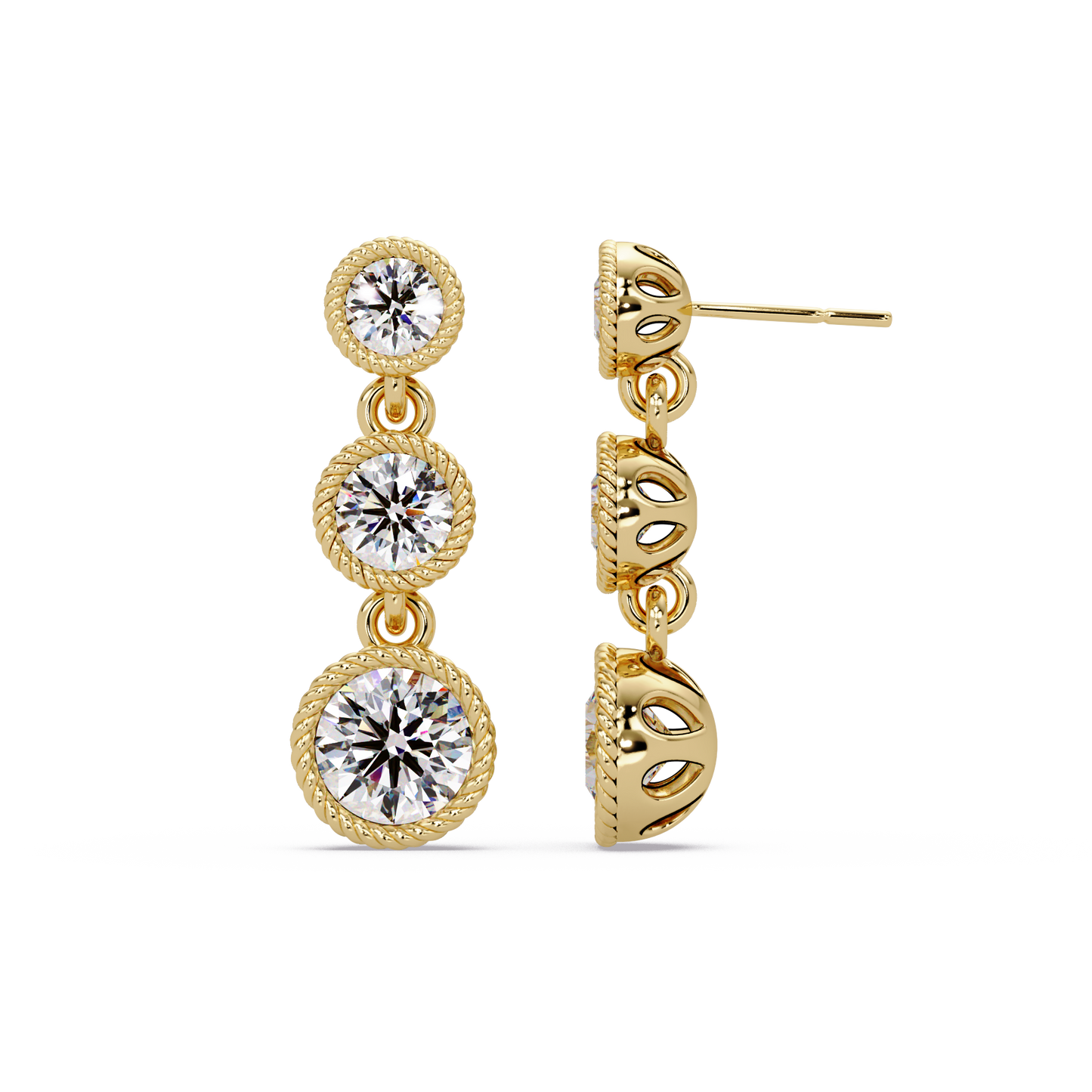 Round Lab Grown Diamond Three Stone Drop Earrings - HIGHCARAT DIAMONDS