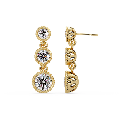 Round Lab Grown Diamond Three Stone Drop Earrings - HIGHCARAT DIAMONDS