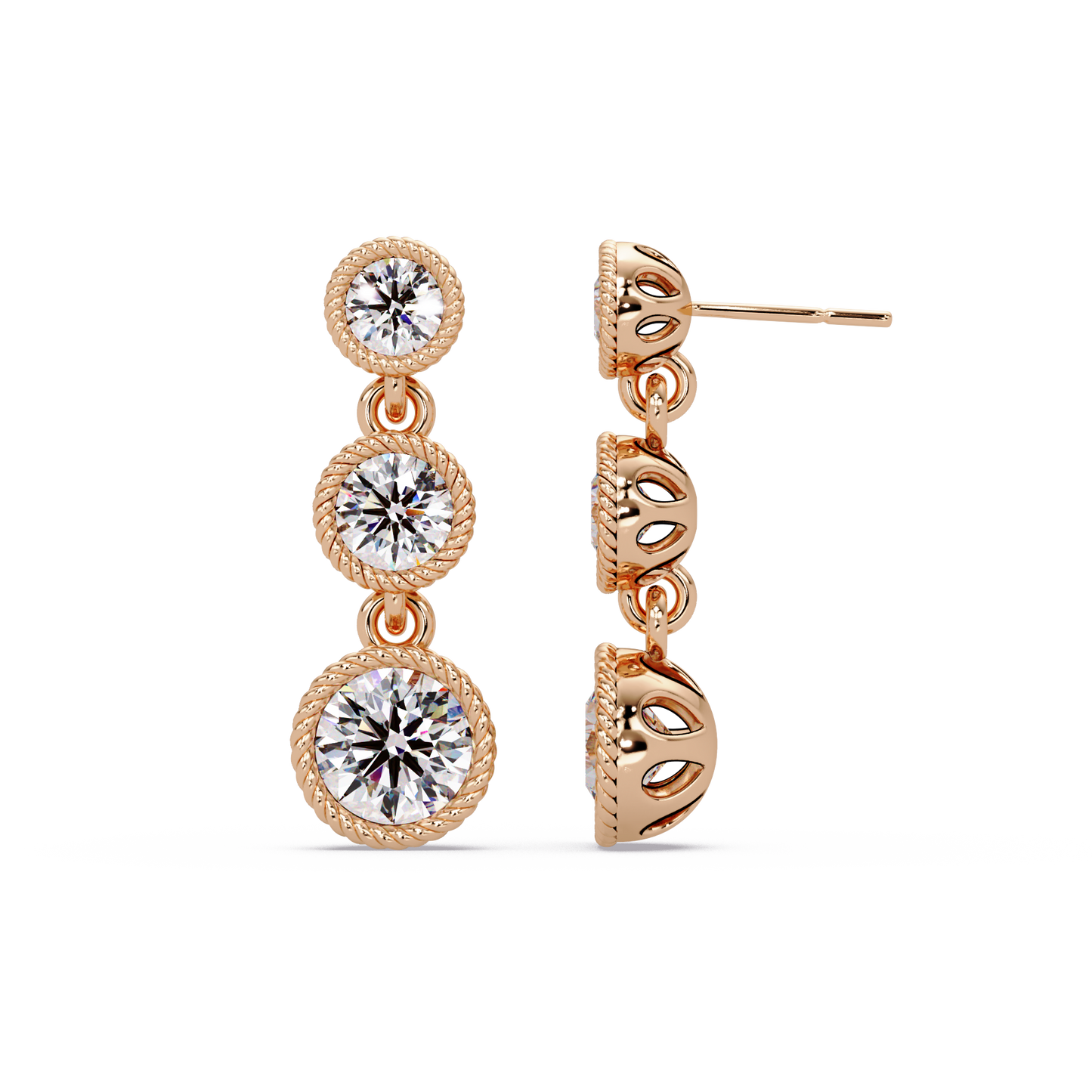 Round Lab Grown Diamond Three Stone Drop Earrings - HIGHCARAT DIAMONDS