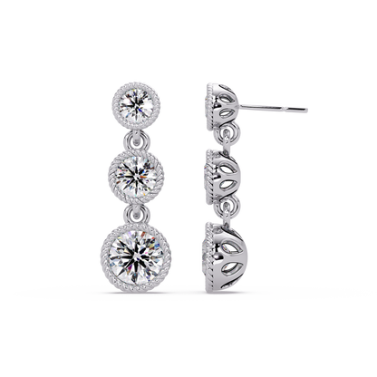 Round Lab Grown Diamond Three Stone Drop Earrings - HIGHCARAT DIAMONDS