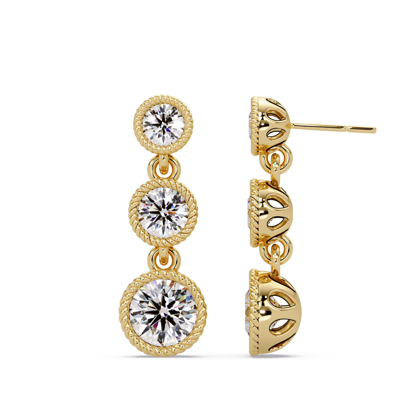 Round Lab Grown Diamond Three Stone Drop Earrings - HIGHCARAT DIAMONDS
