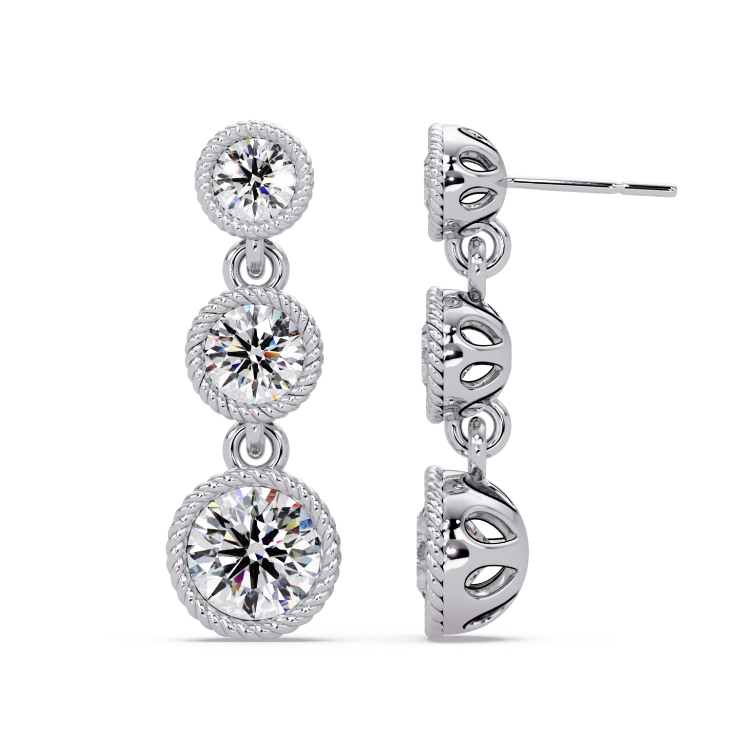 Round Lab Grown Diamond Three Stone Drop Earrings - HIGHCARAT DIAMONDS