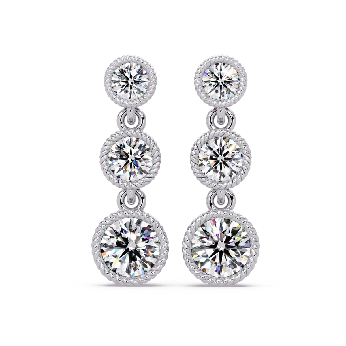Round Lab Grown Diamond Three Stone Drop Earrings - HIGHCARAT DIAMONDS