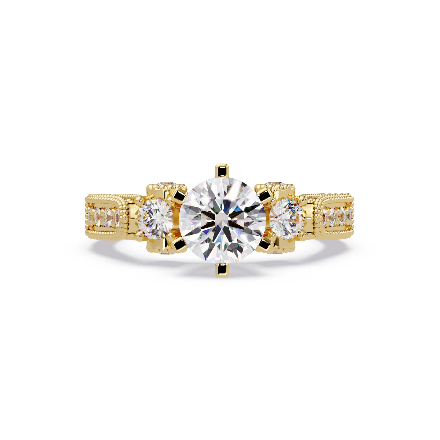 Round Lab Grown Diamond Three Stone Milgrain Band Ring - HIGHCARAT DIAMONDS
