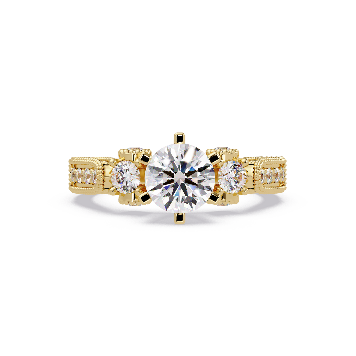 Round Lab Grown Diamond Three Stone Milgrain Band Ring - HIGHCARAT DIAMONDS
