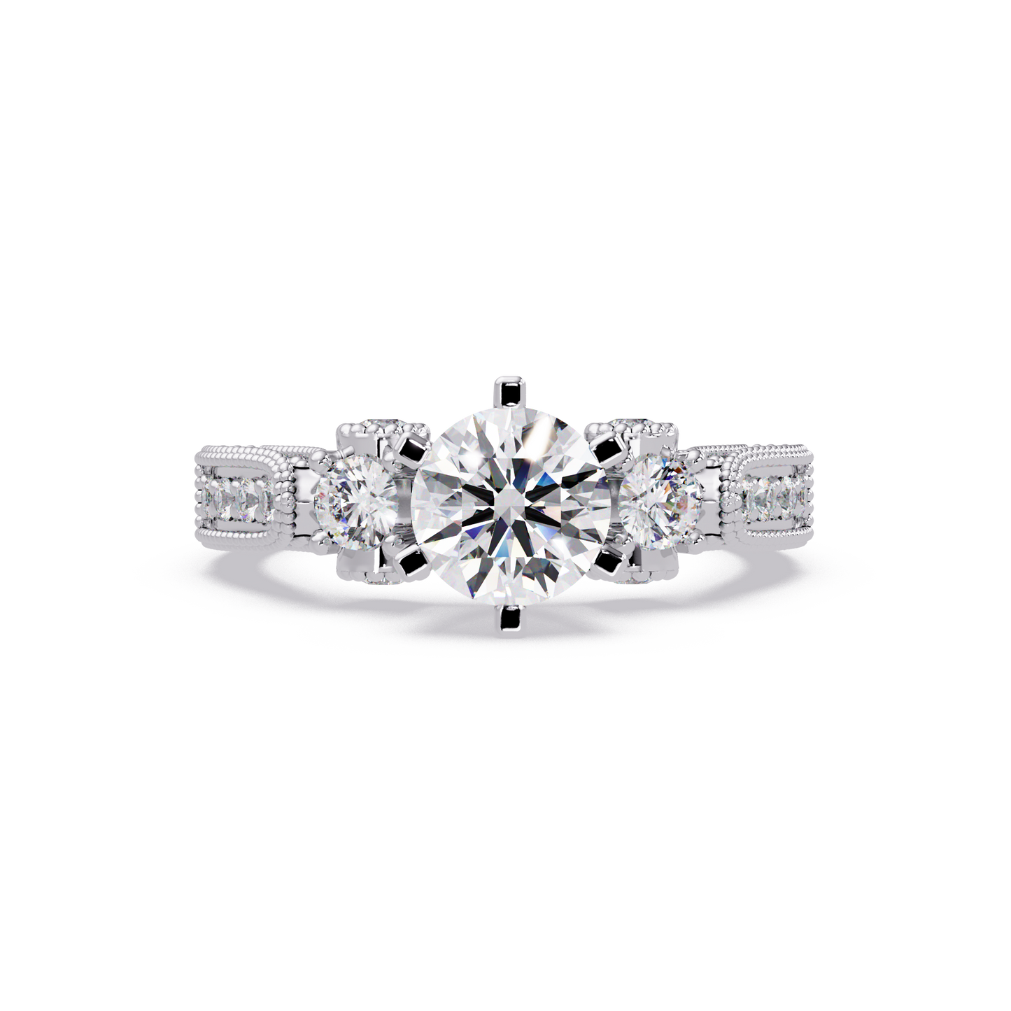 Round Lab Grown Diamond Three Stone Milgrain Band Ring - HIGHCARAT DIAMONDS