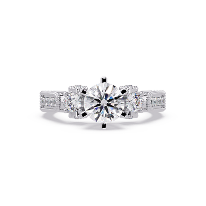 Round Lab Grown Diamond Three Stone Milgrain Band Ring - HIGHCARAT DIAMONDS