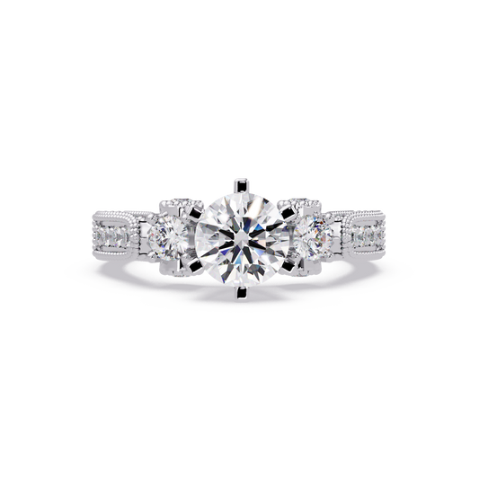 Round Lab Grown Diamond Three Stone Milgrain Band Ring - HIGHCARAT DIAMONDS