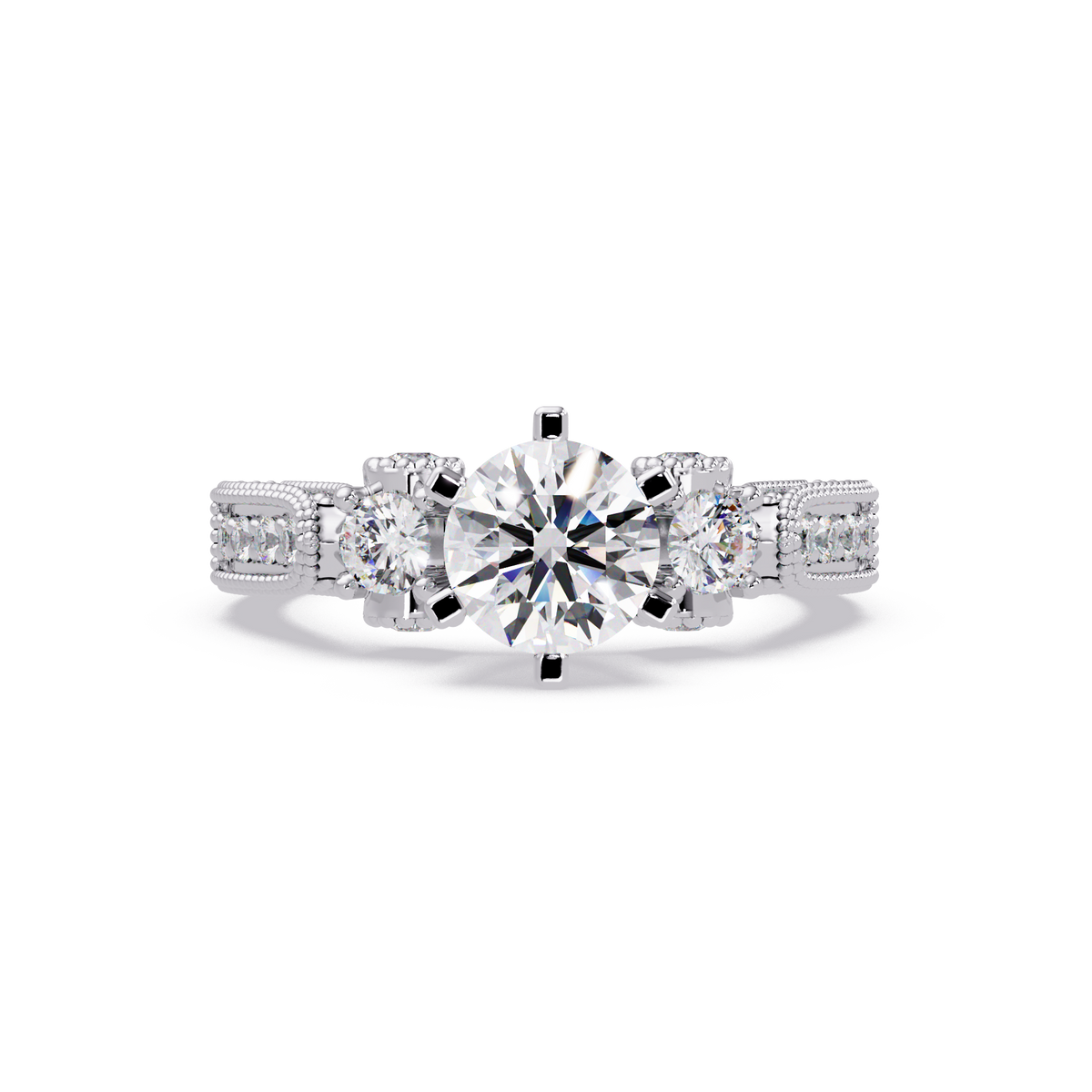 Round Lab Grown Diamond Three Stone Milgrain Band Ring - HIGHCARAT DIAMONDS