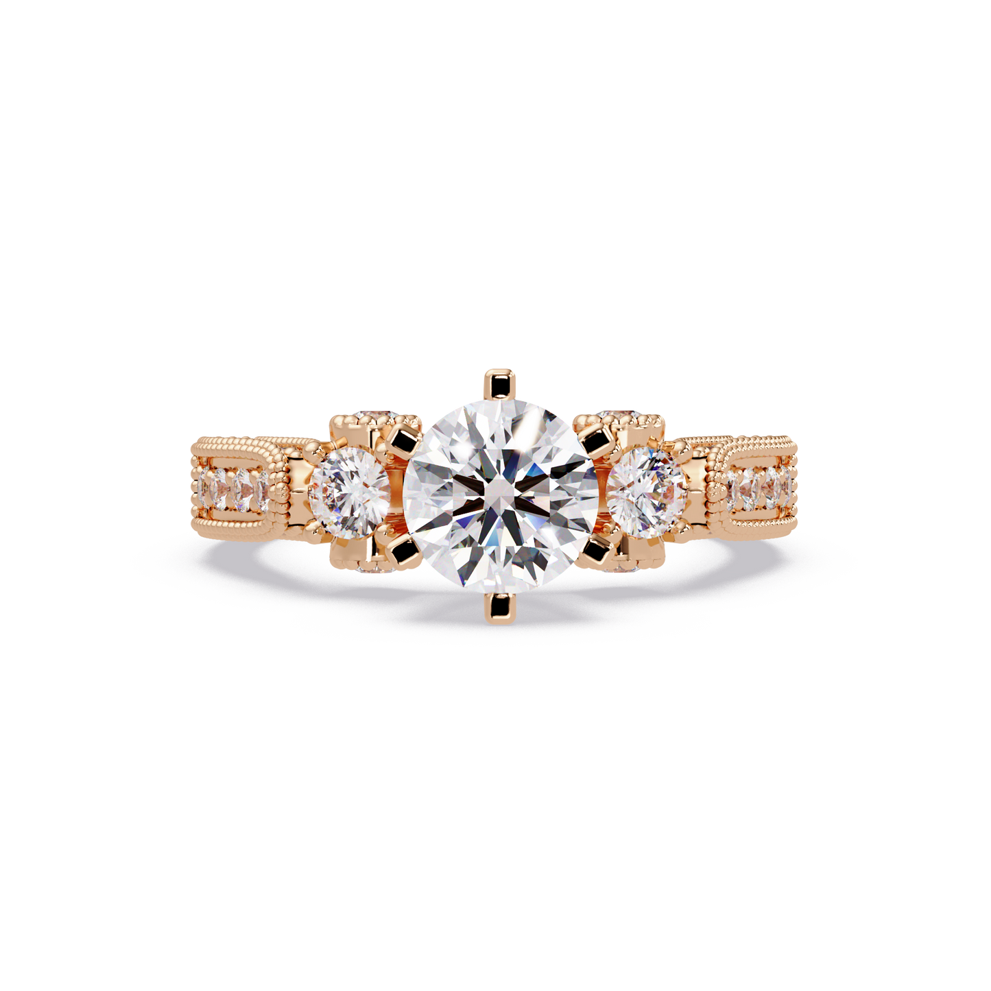 Round Lab Grown Diamond Three Stone Milgrain Band Ring - HIGHCARAT DIAMONDS