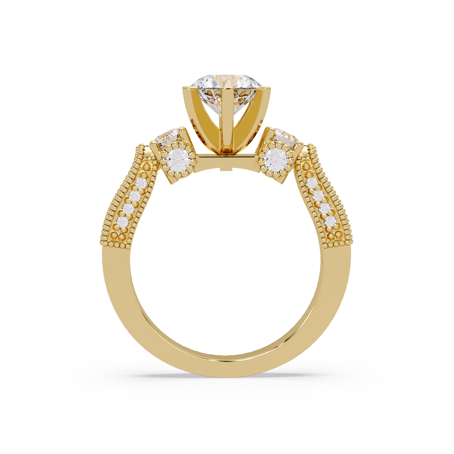 Round Lab Grown Diamond Three Stone Milgrain Band Ring - HIGHCARAT DIAMONDS