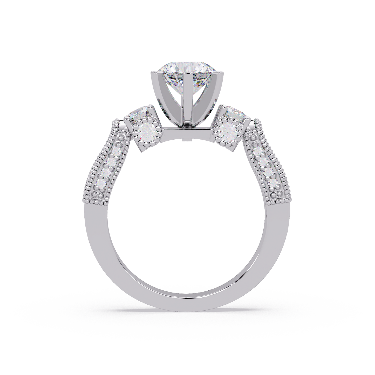 Round Lab Grown Diamond Three Stone Milgrain Band Ring - HIGHCARAT DIAMONDS