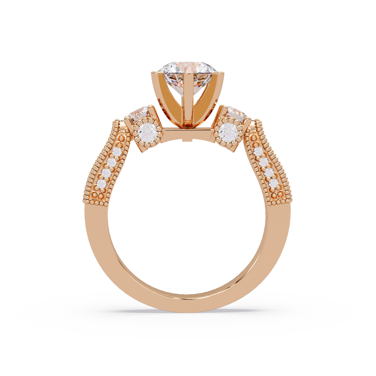 Round Lab Grown Diamond Three Stone Milgrain Band Ring - HIGHCARAT DIAMONDS