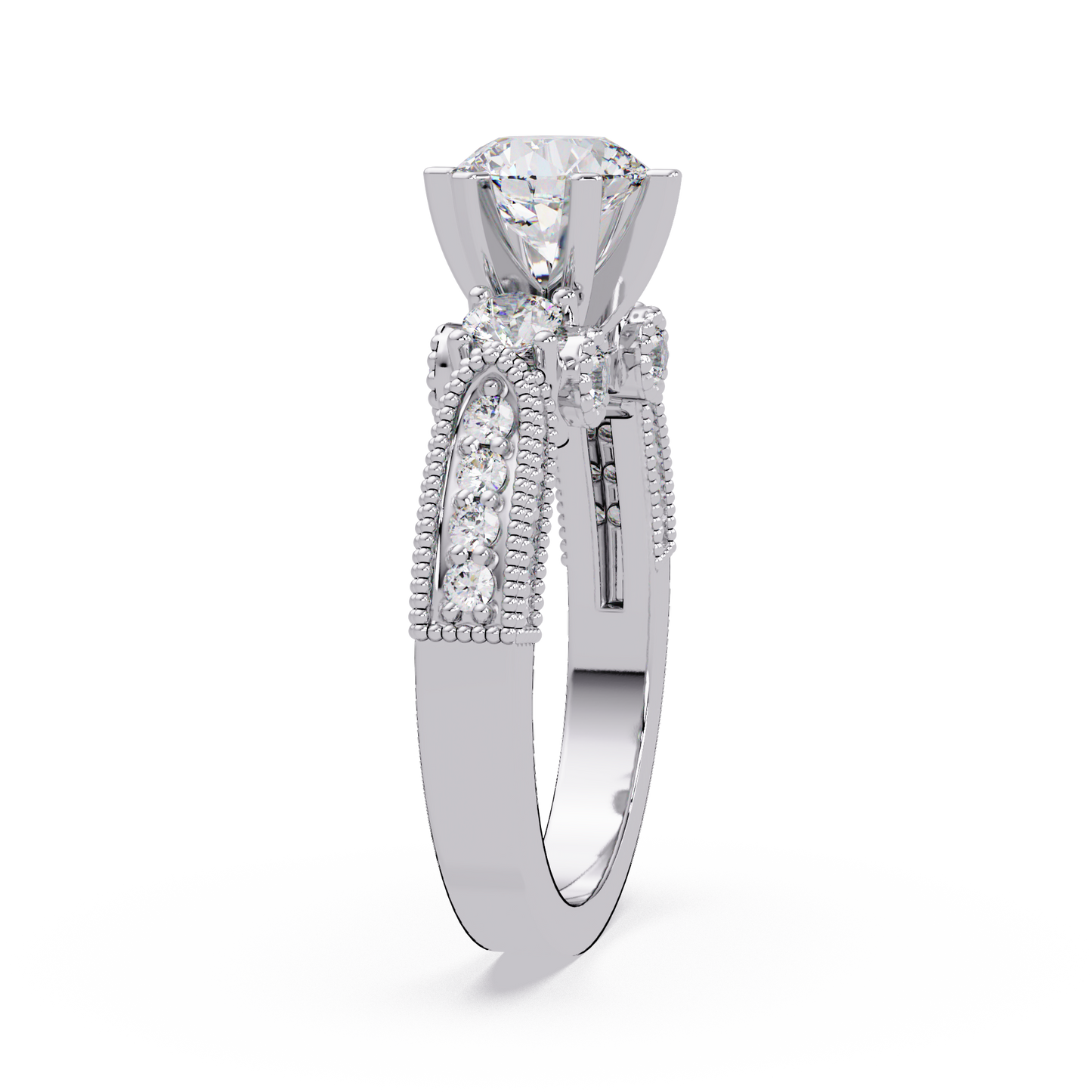 Round Lab Grown Diamond Three Stone Milgrain Band Ring - HIGHCARAT DIAMONDS