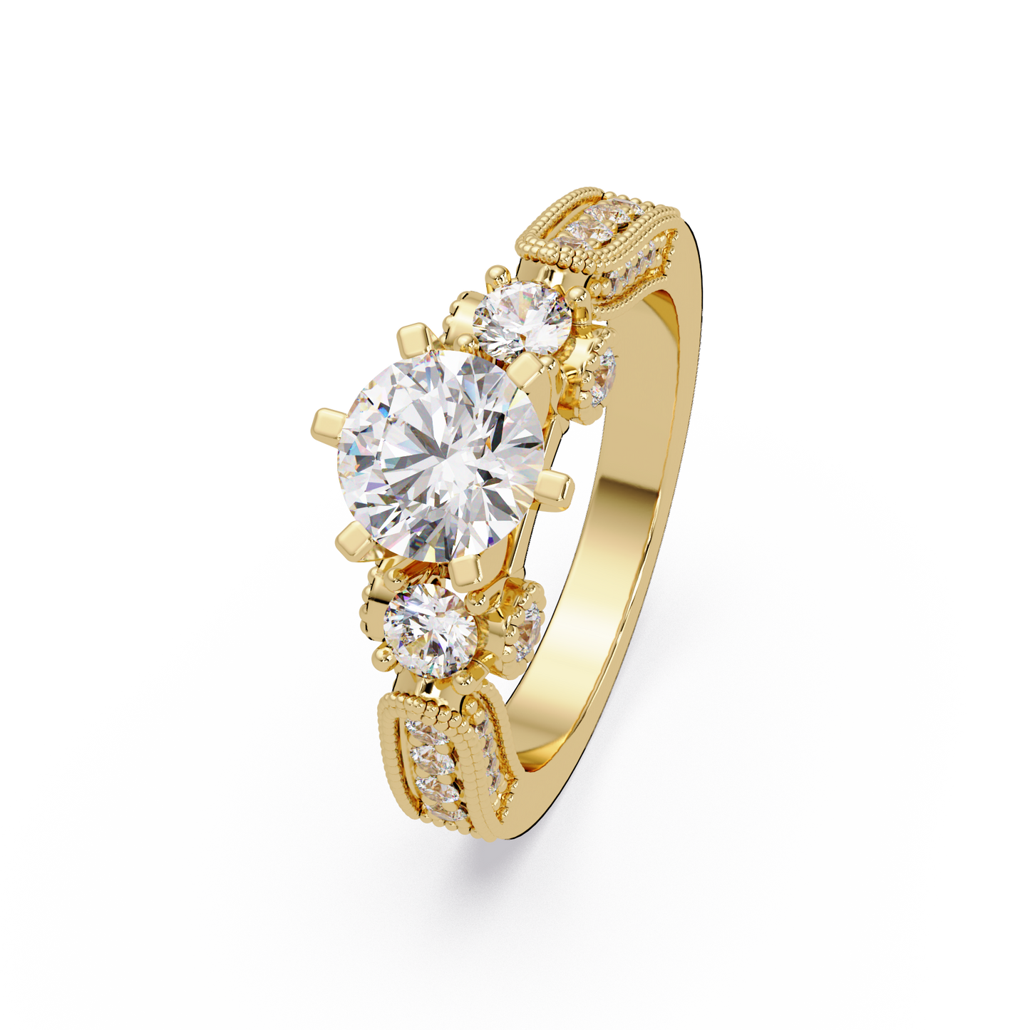 Round Lab Grown Diamond Three Stone Milgrain Band Ring - HIGHCARAT DIAMONDS