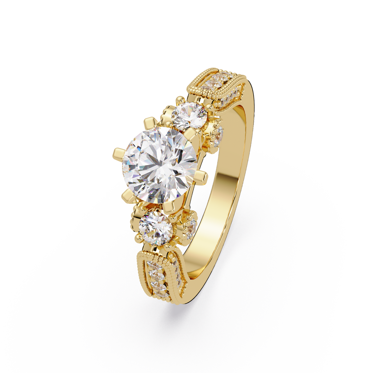 Round Lab Grown Diamond Three Stone Milgrain Band Ring - HIGHCARAT DIAMONDS
