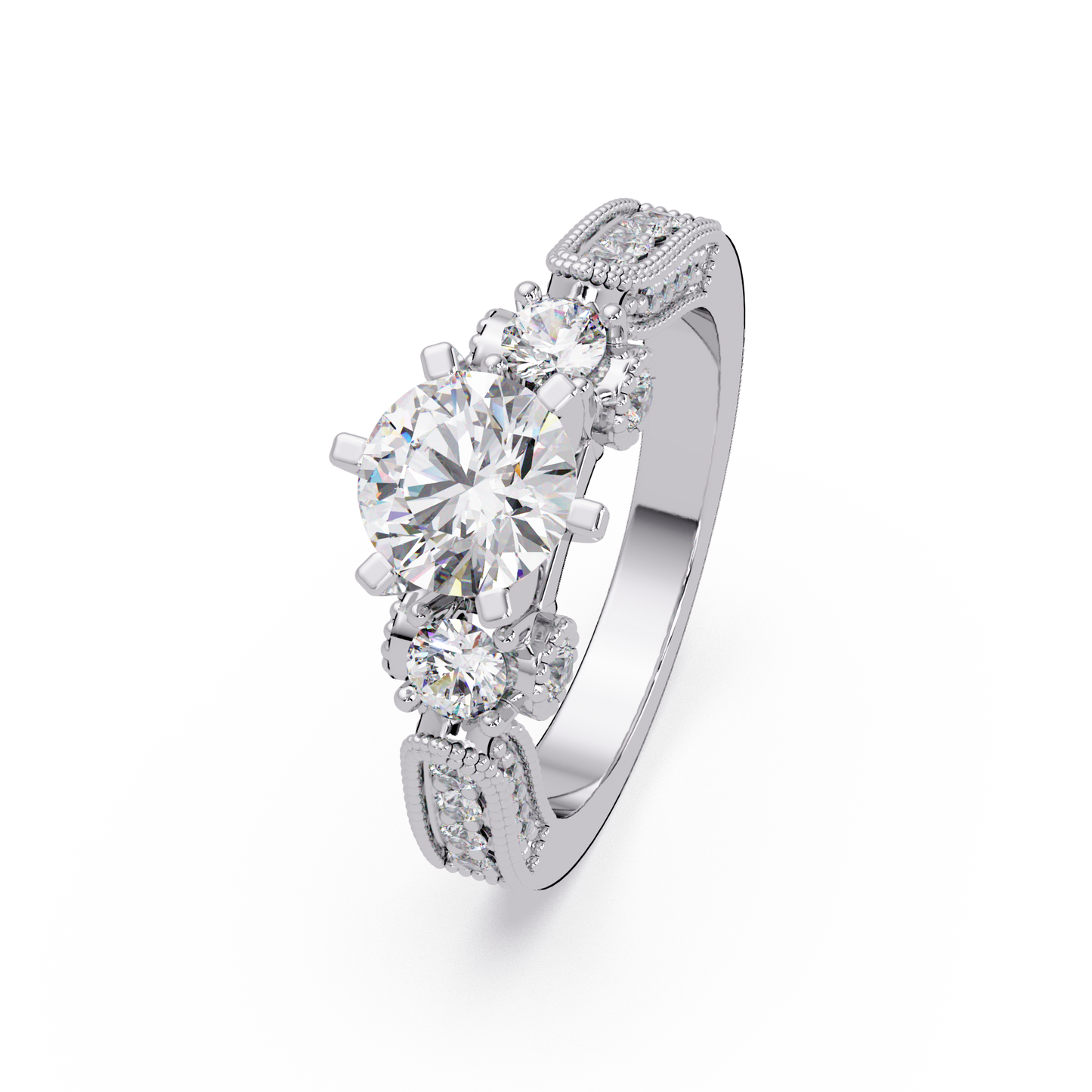 Round Lab Grown Diamond Three Stone Milgrain Band Ring - HIGHCARAT DIAMONDS