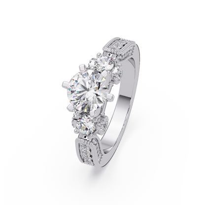 Round Lab Grown Diamond Three Stone Milgrain Band Ring - HIGHCARAT DIAMONDS