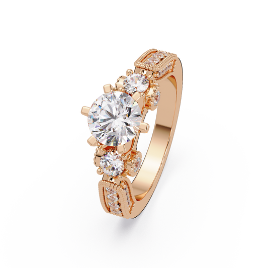 Round Lab Grown Diamond Three Stone Milgrain Band Ring - HIGHCARAT DIAMONDS