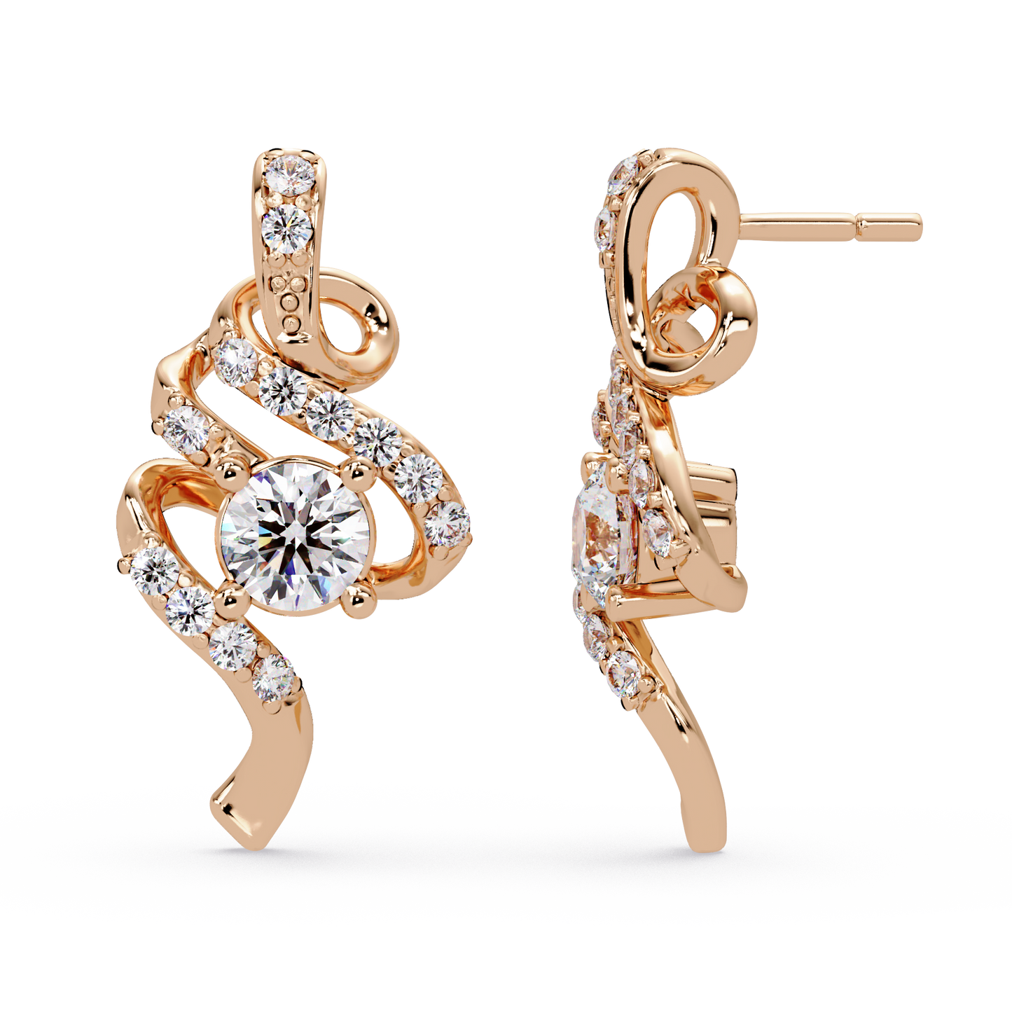 Round Lab Grown Snake Shape Rose Gold Unique Diamond Earring - HIGHCARAT DIAMONDS