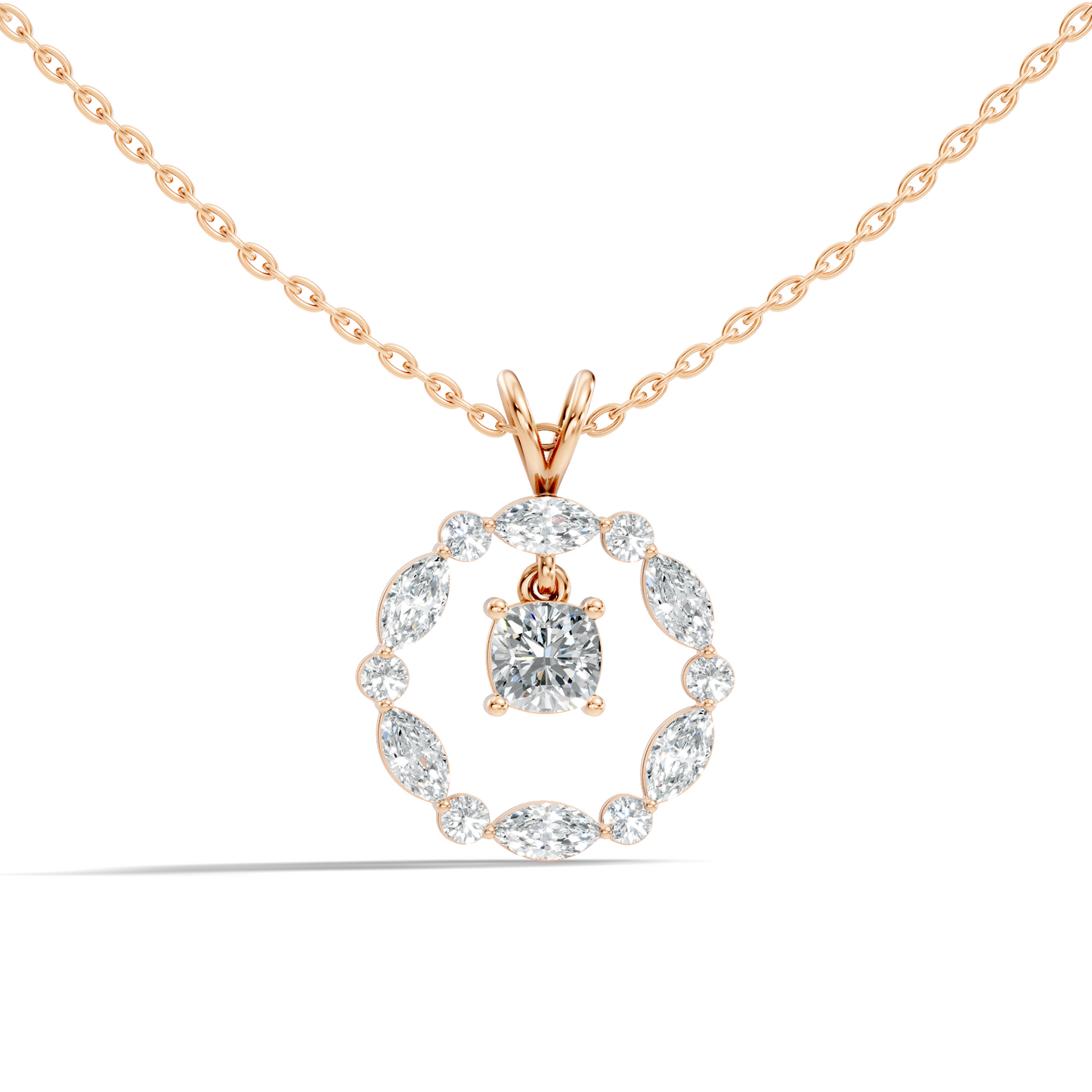 Round Lab-Grown Diamond Circle Pendant For Her Cushion & Marquise Design In 14K Gold - HIGHCARAT DIAMONDS