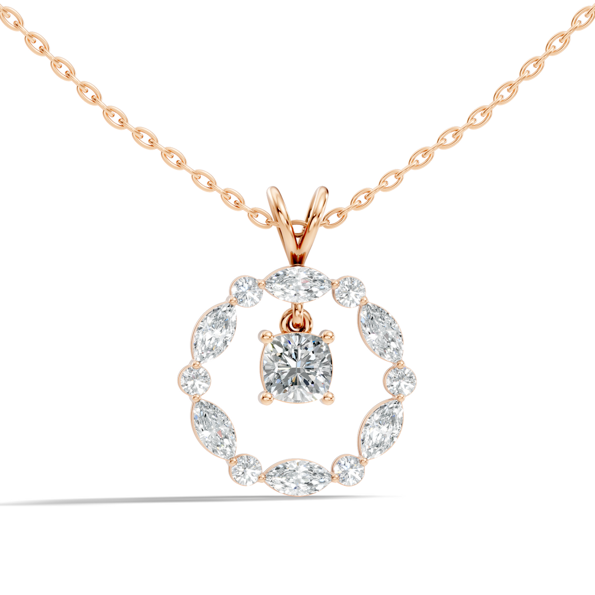 Round Lab-Grown Diamond Circle Pendant For Her Cushion & Marquise Design In 14K Gold - HIGHCARAT DIAMONDS