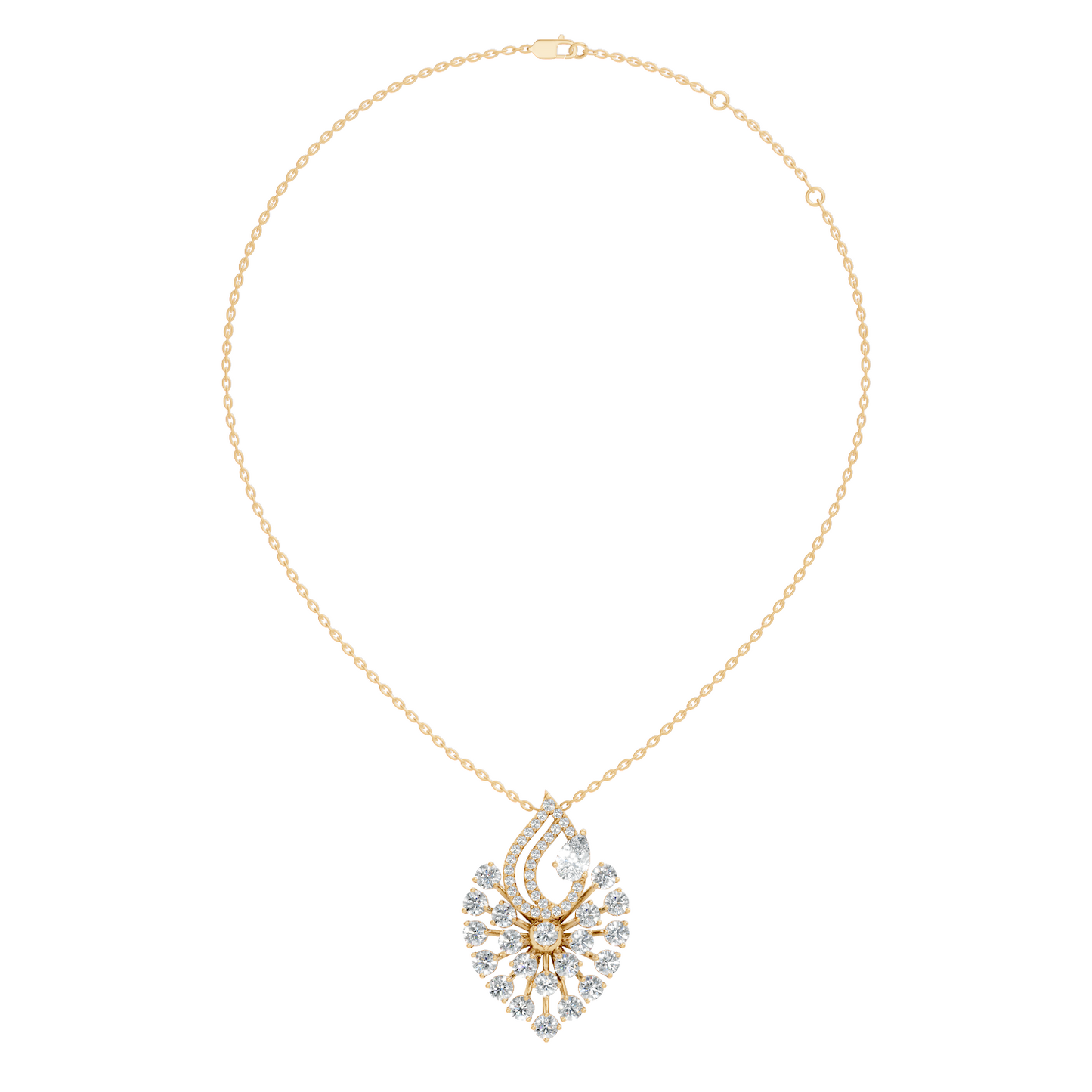 Pear And Round Labgrown Diamond 14k Gold Luxury Jewelry Peacock Feather Pendant - HIGHCARAT DIAMONDS