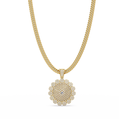 Round Sunburst Lab Grown Diamond Pendant With Cuban Link Chain - HIGHCARAT DIAMONDS