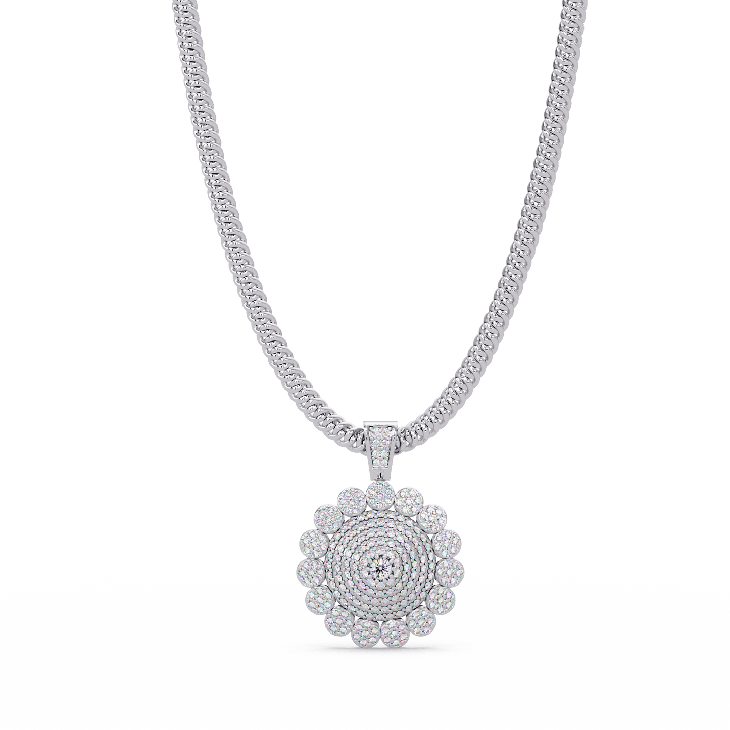 Round Sunburst Lab Grown Diamond Pendant With Cuban Link Chain - HIGHCARAT DIAMONDS