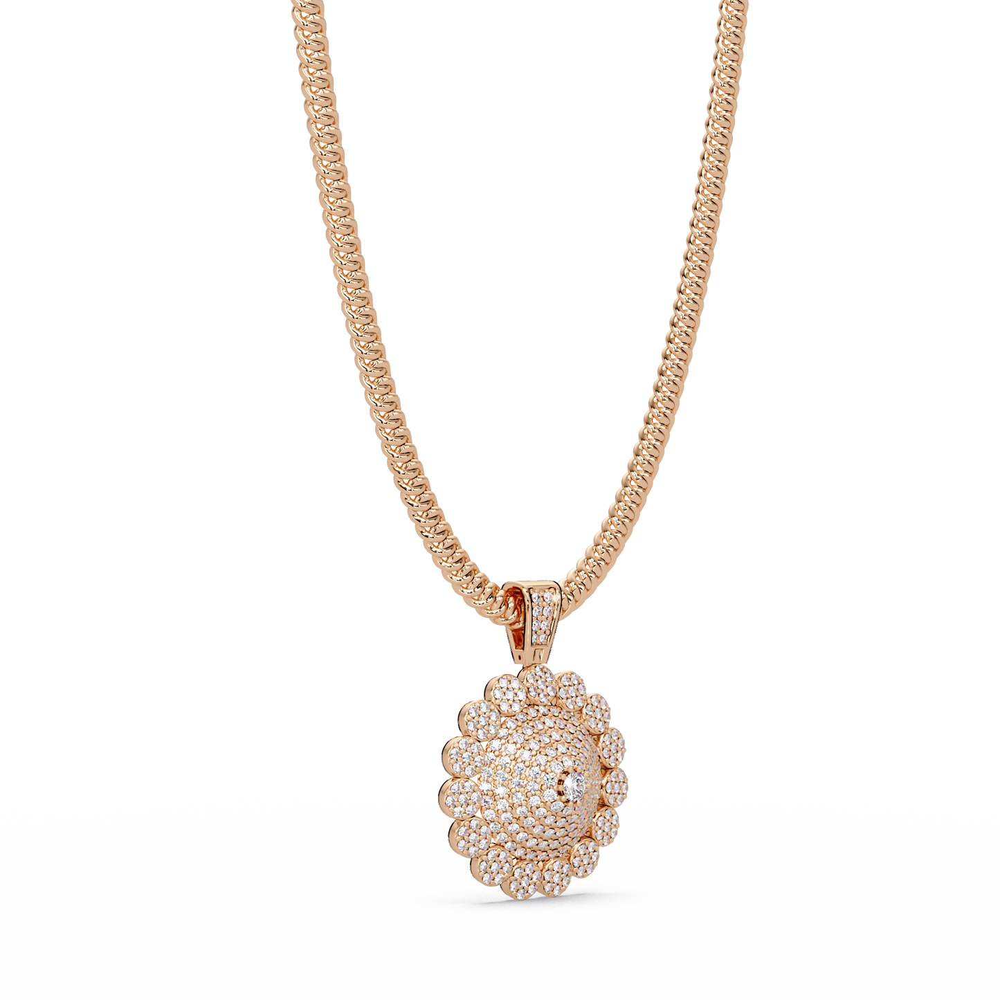 Round Sunburst Lab Grown Diamond Pendant With Cuban Link Chain - HIGHCARAT DIAMONDS