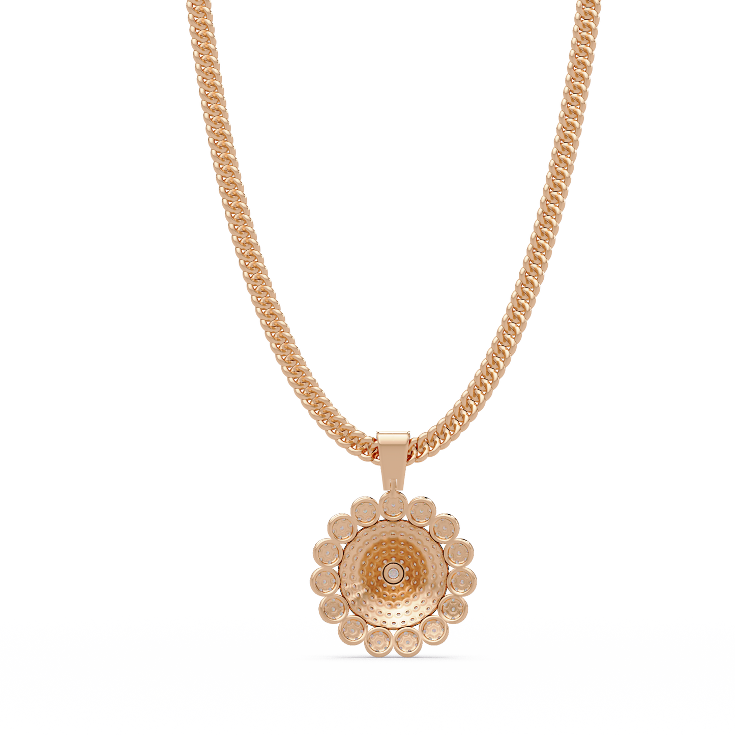 Round Sunburst Lab Grown Diamond Pendant With Cuban Link Chain - HIGHCARAT DIAMONDS