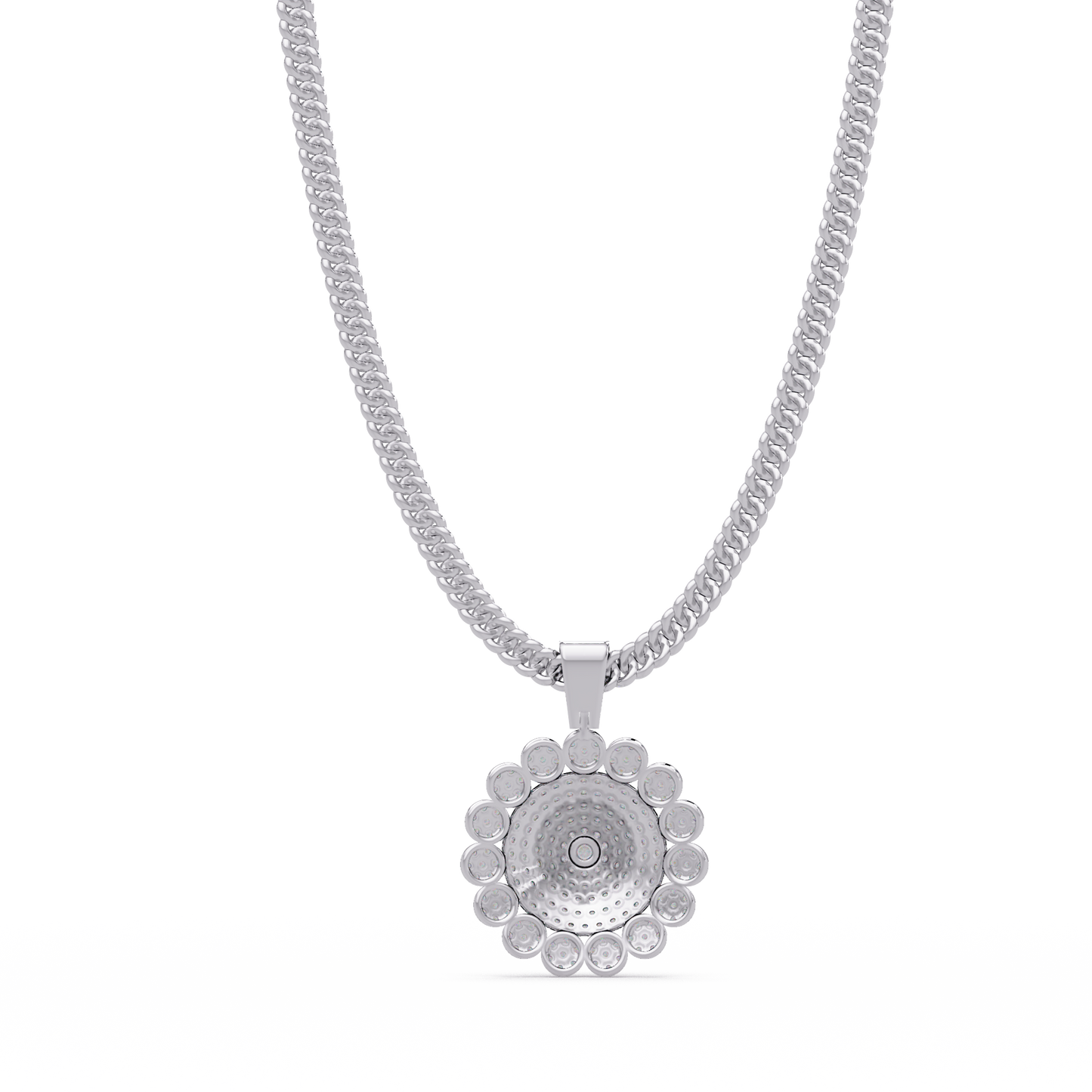 Round Sunburst Lab Grown Diamond Pendant With Cuban Link Chain - HIGHCARAT DIAMONDS