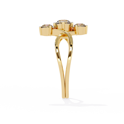 gold three stone diamond ring showing curved infinity shank details