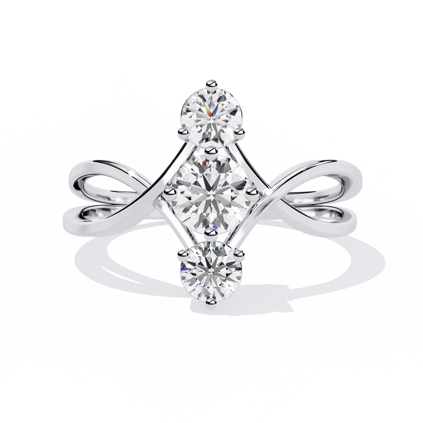 Round three stone lab grown diamond ring with infinity split shank in white gold