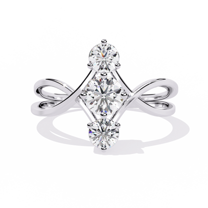 Round three stone lab grown diamond ring with infinity split shank in white gold