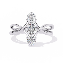 Round three stone lab grown diamond ring with infinity split shank in white gold