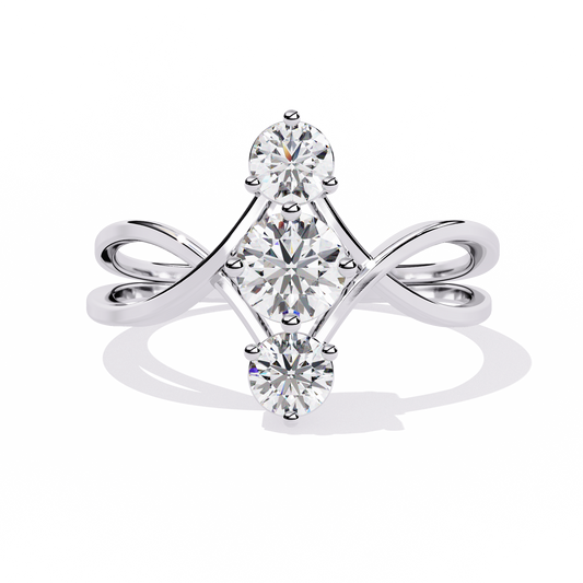 Round three stone lab grown diamond ring with infinity split shank in white gold