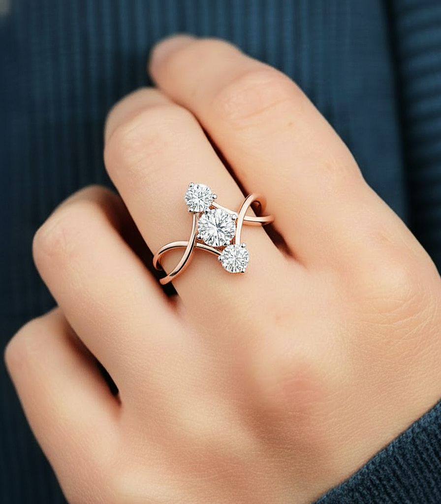 Round three stone lab diamond ring worn on finger with infinity split shank design