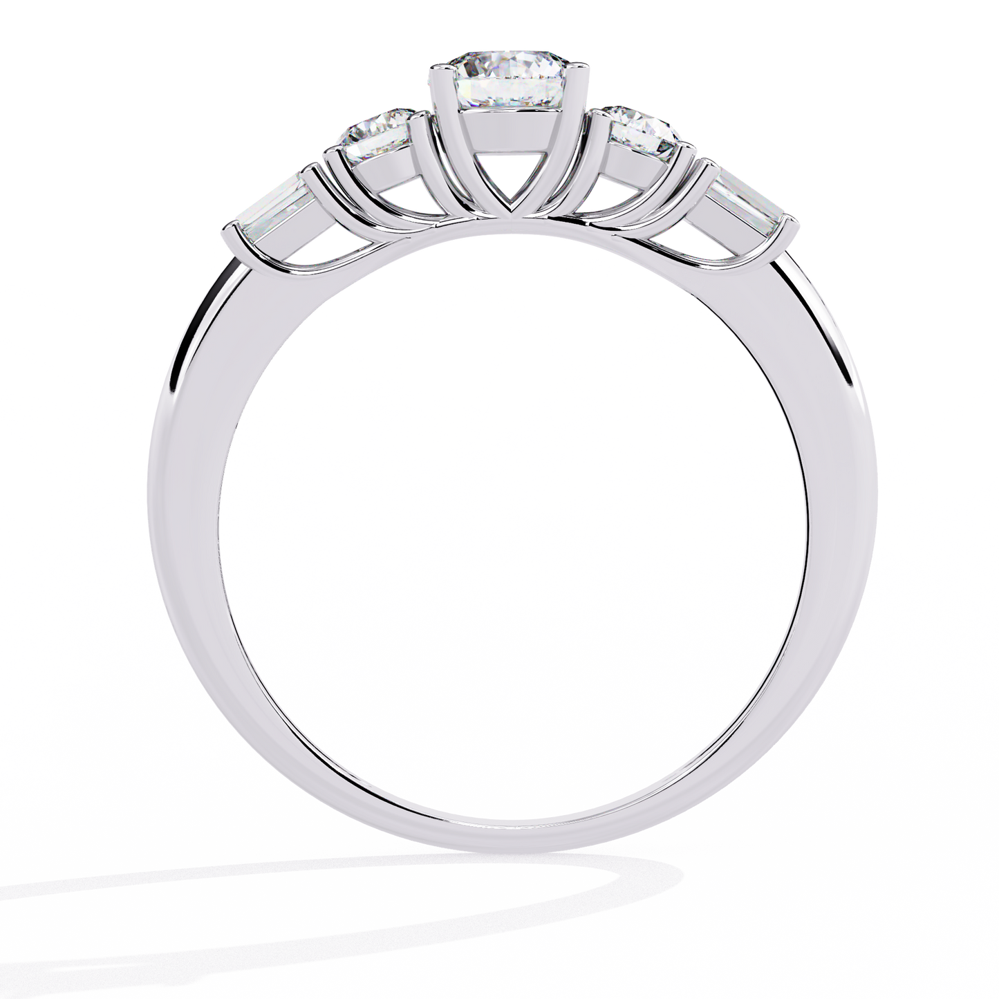 Round cut five stone ring with mixed diamond shapes