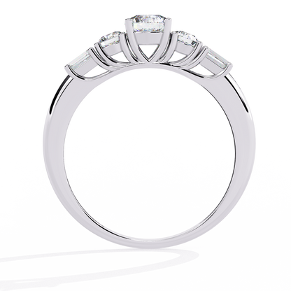 Round cut five stone ring with mixed diamond shapes
