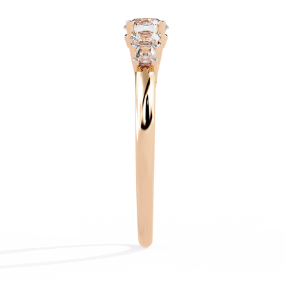 Close up of lab grown diamond ring with baguette side details