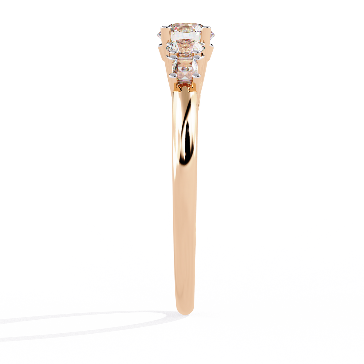 Close up of lab grown diamond ring with baguette side details